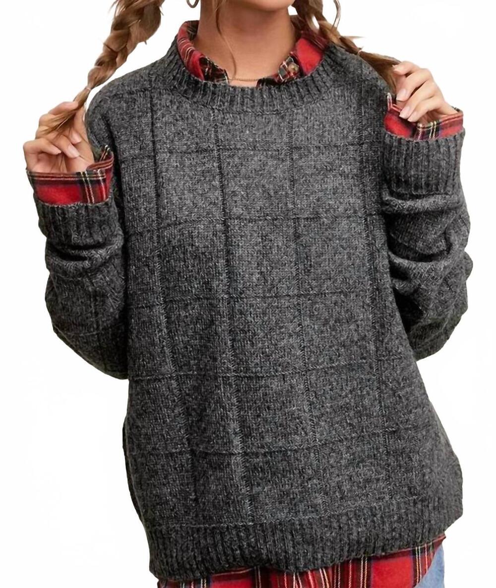 NEW LA MIEL loose fit windowpane two tone sweater in black